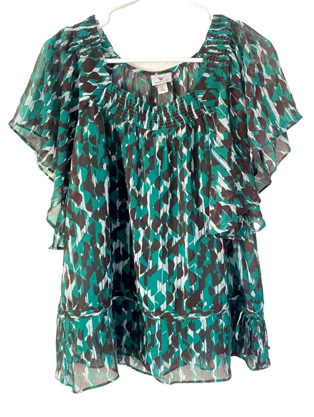 Worthington Green Patterned Flutter Sleeve Blouse